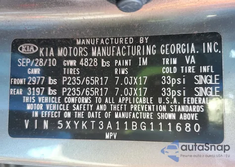 2011 Kia Sorento Base z USA, uszkodzony, nr VIN 5XYKT3A11BG111680